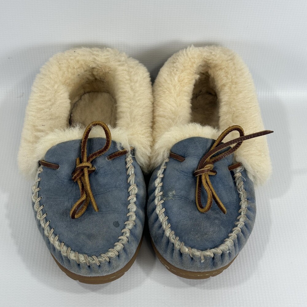L.L. Bean Wicked Good Moccasin Slippers Womens Size 9 Blue Suede Shearling Lined